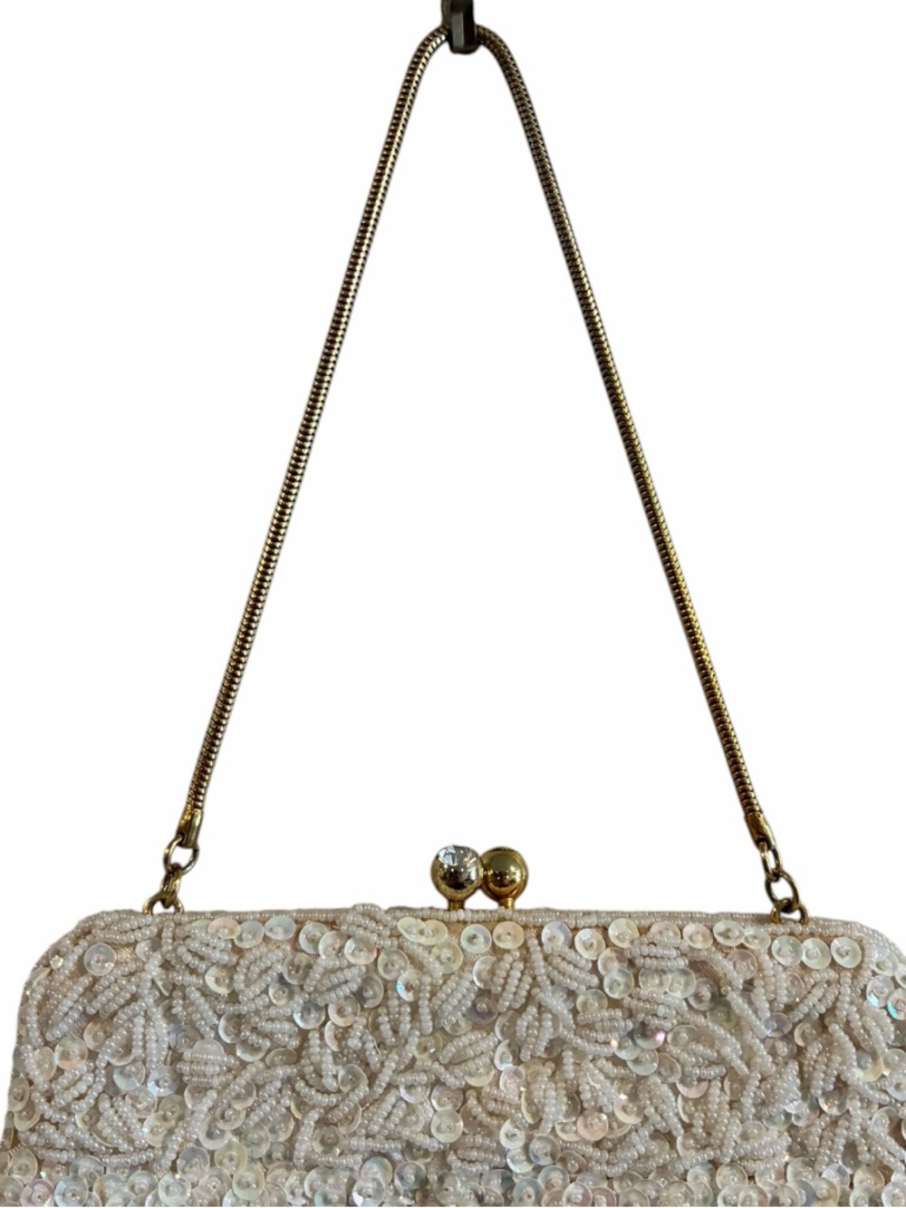 Vintage Hand Beaded Evening Bag with Gold Tone Chain and Faux Diamond Clasp - Picture 2 of 10